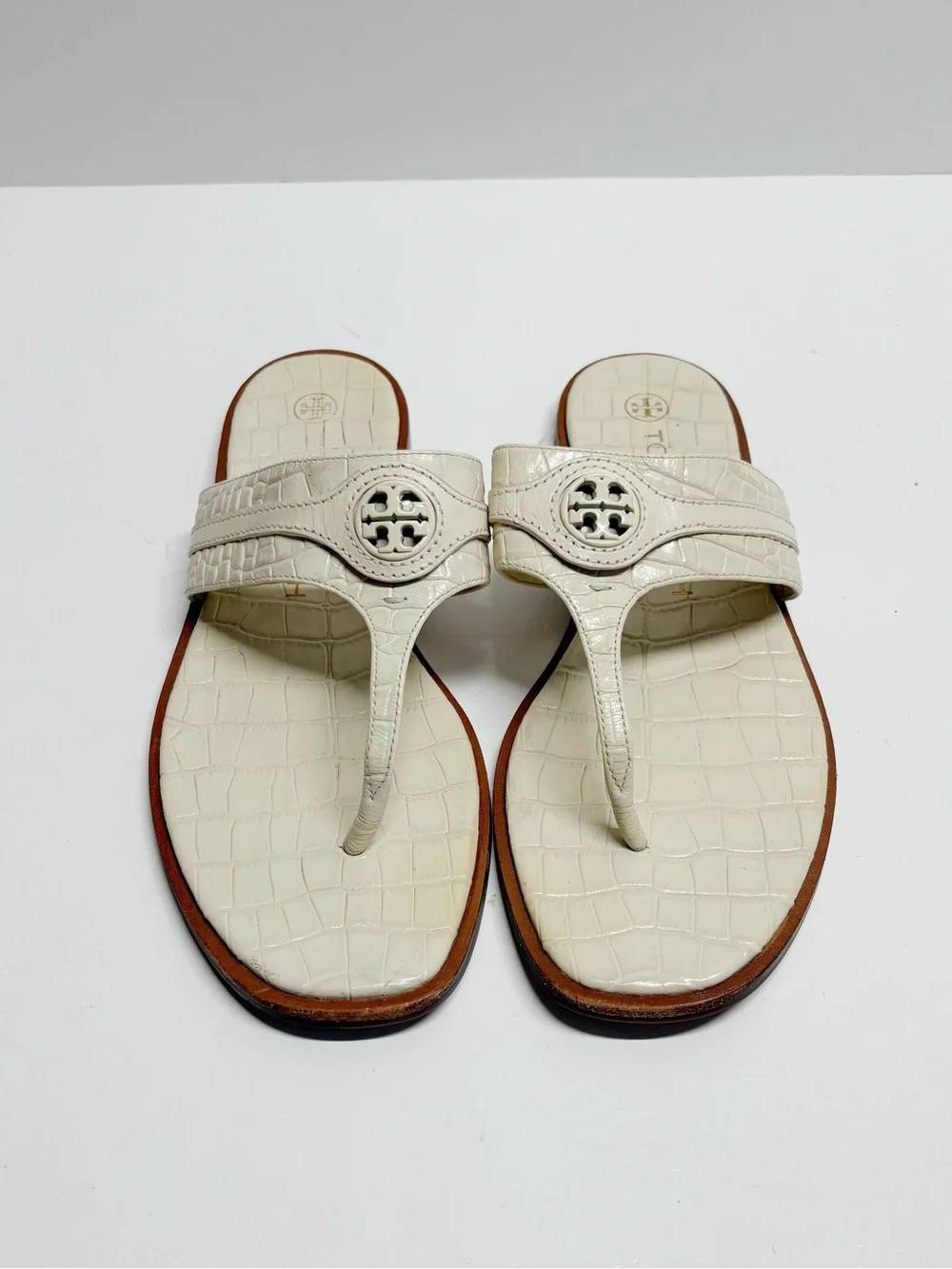 Tory Burch Cream Croc-Embossed Thong Logo Sandals